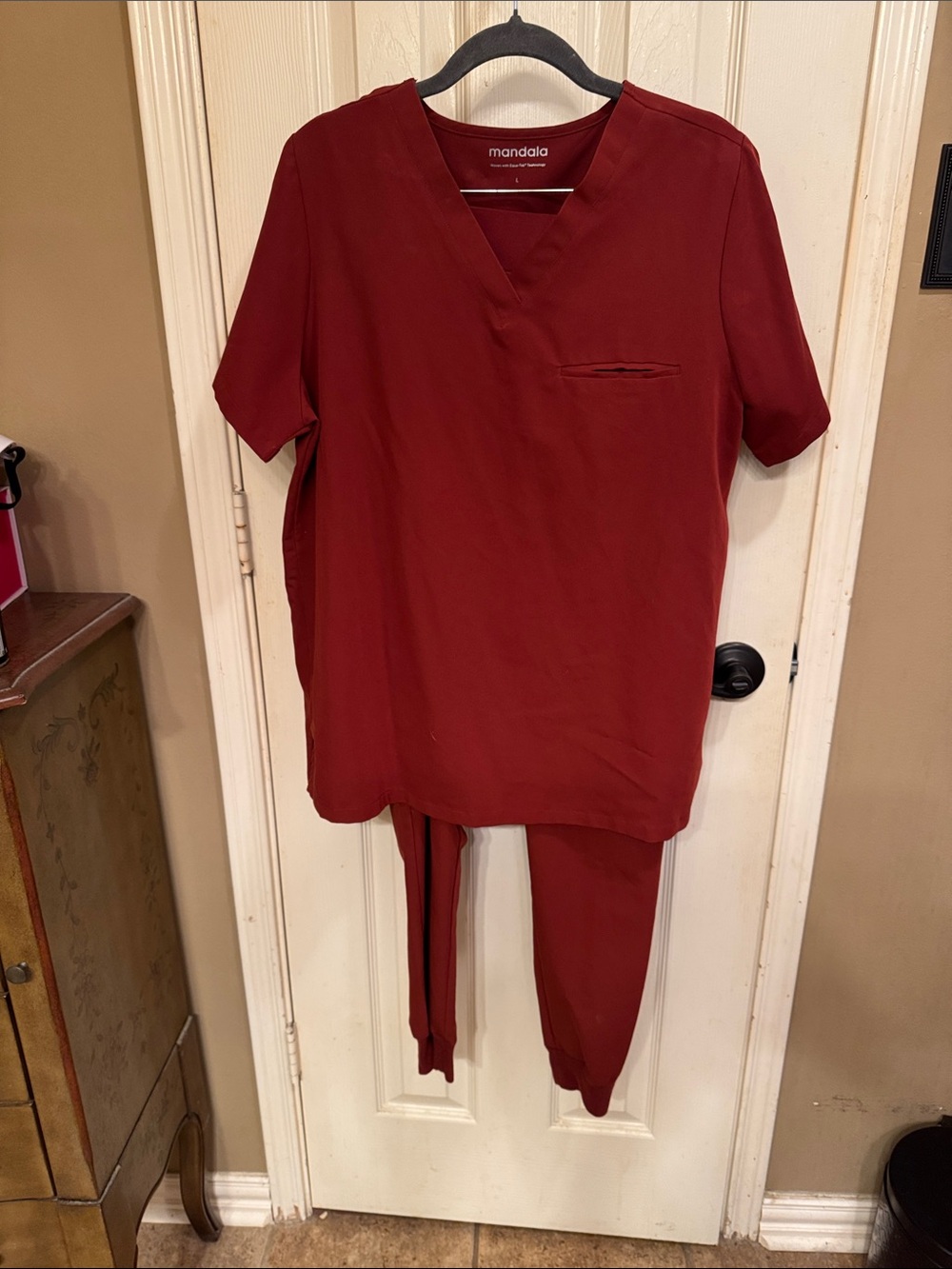 Mandala Redwood colored Scrub Top and Pants Set - Deep Redish/orange color